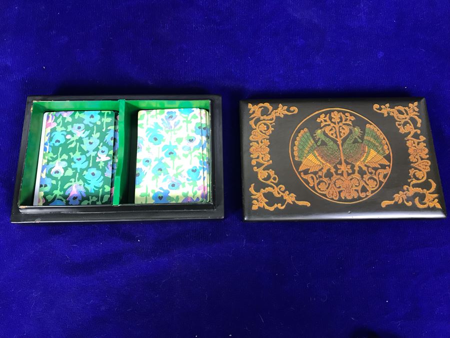 Vintage Lacquer Playing Card Box Decorated With Peacocks And Butterflies Signed G.W.D. '69 [Photo 19]