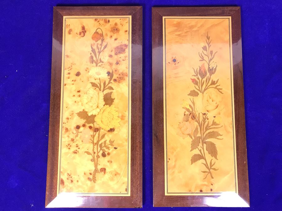 Pair Of Stunning Inlaid Wooden Wall Panels Floral Decoration Artwork 6' X 14' [Photo 2]