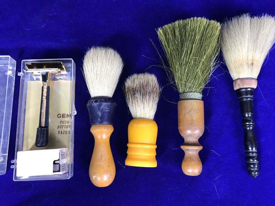 Set Of (4) Vintage Shaving Brushes And Vintage New GEM Razor