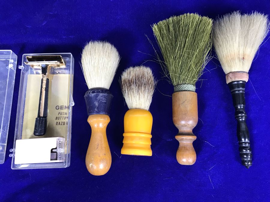 Set Of (4) Vintage Shaving Brushes And Vintage New GEM Razor