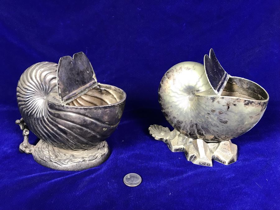 Pair Of Antique Victorian Nautilus Shell Silver Plated Spoon Warmers [Photo 3]