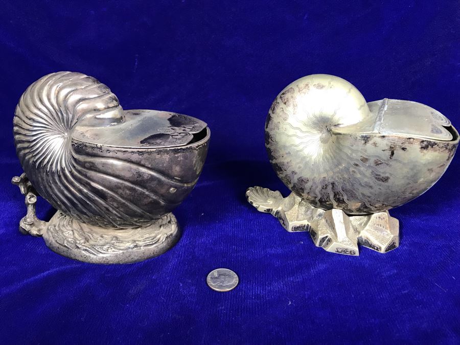 Pair Of Antique Victorian Nautilus Shell Silver Plated Spoon Warmers [Photo 2]