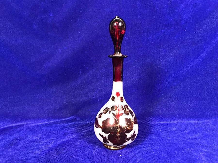 Vintage Red Hand Blown Glass Bottle With Stopper 9'H [Photo 1]