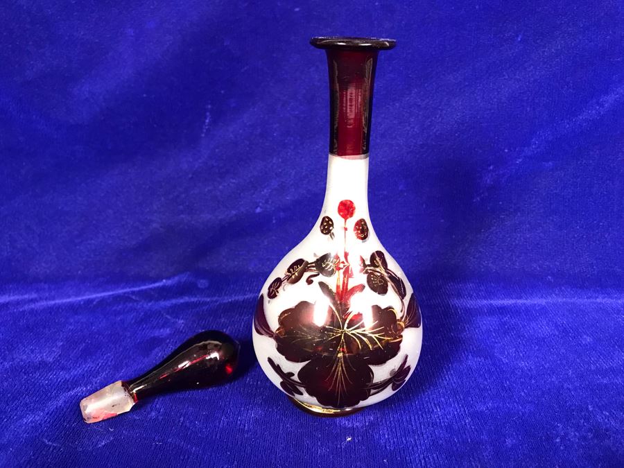Vintage Red Hand Blown Glass Bottle With Stopper 9'H [Photo 3]