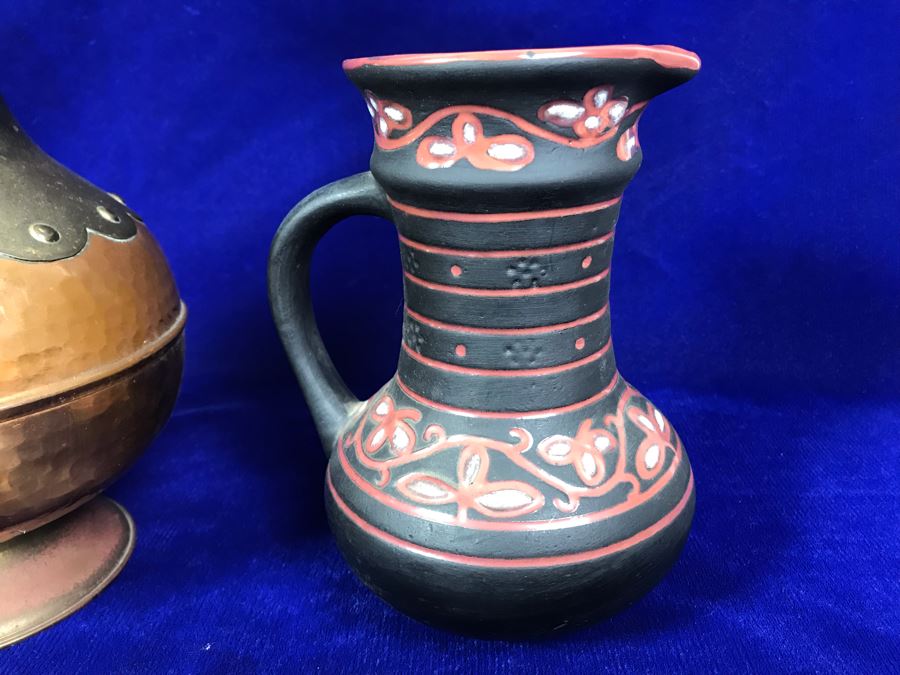 R: Vintage Tbilisi Ukraine USSR Pitcher, C: English Brass And Copper Vase, L: Mid-Century Japanese Pottery Vase [Photo 3]