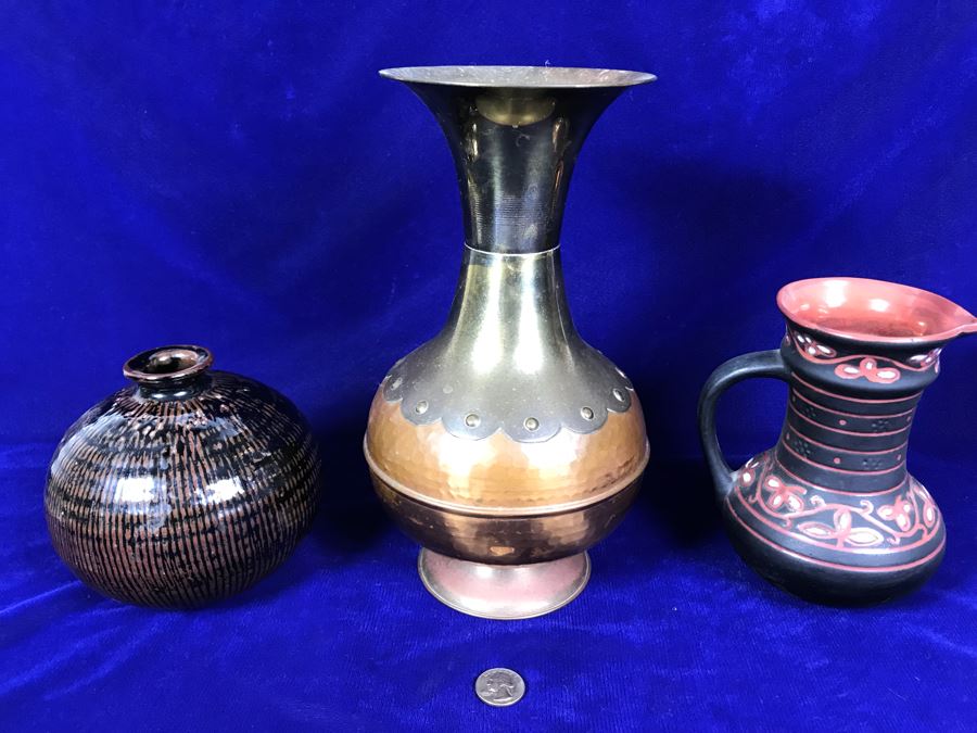 R: Vintage Tbilisi Ukraine USSR Pitcher, C: English Brass And Copper Vase, L: Mid-Century Japanese Pottery Vase [Photo 2]