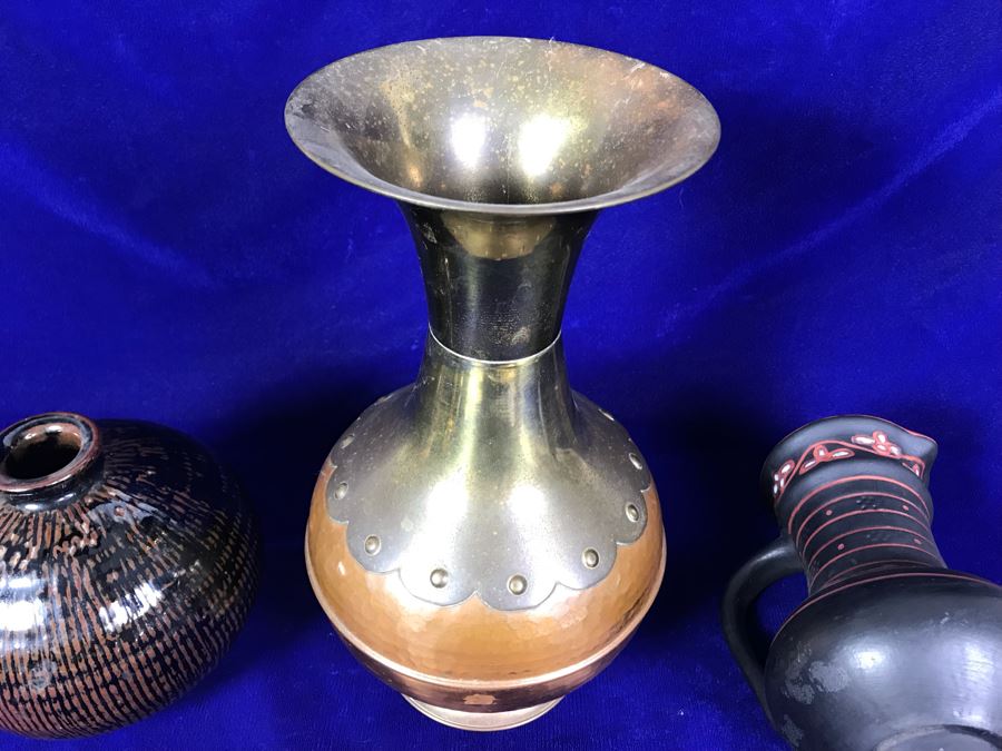 R: Vintage Tbilisi Ukraine USSR Pitcher, C: English Brass And Copper Vase, L: Mid-Century Japanese Pottery Vase [Photo 10]