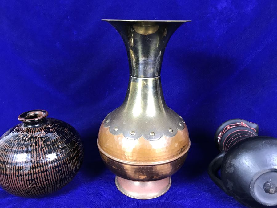 R: Vintage Tbilisi Ukraine USSR Pitcher, C: English Brass And Copper Vase, L: Mid-Century Japanese Pottery Vase [Photo 9]