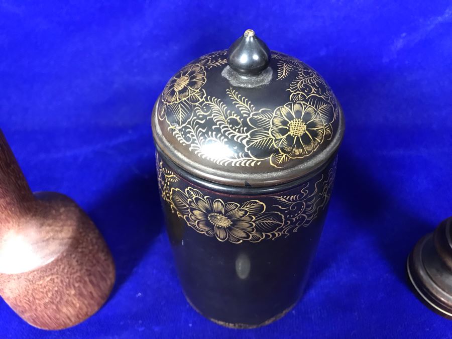 R: Turned Wooden Vase, C: Vintage Japanese Lacquer Box, L: Vintage Wooden Masher [Photo 2]