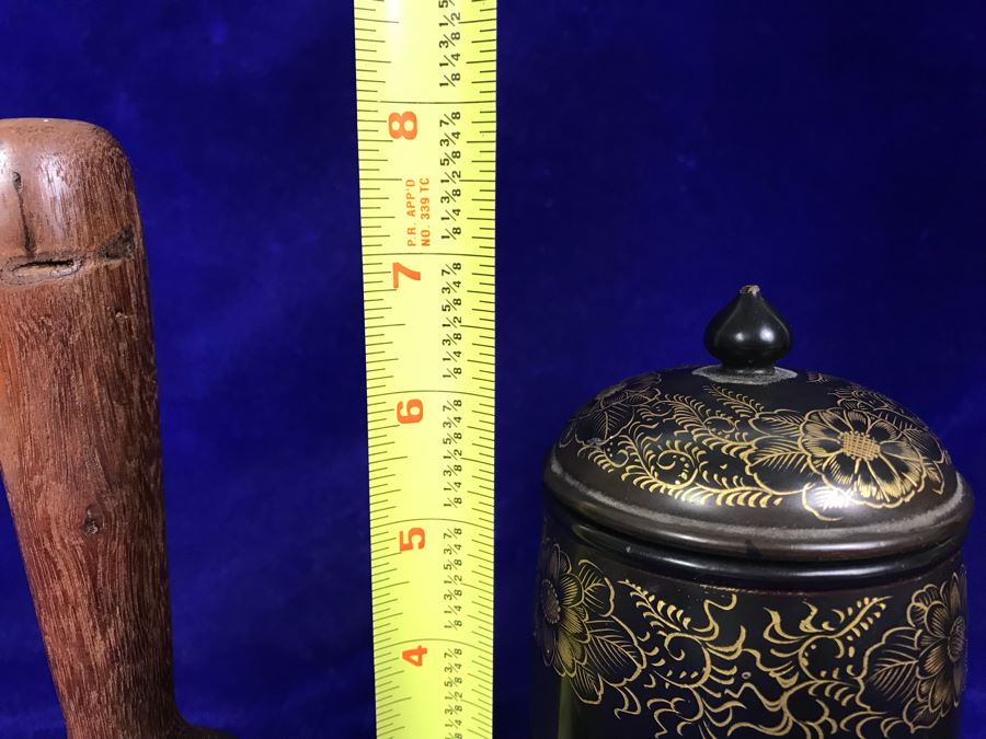 R: Turned Wooden Vase, C: Vintage Japanese Lacquer Box, L: Vintage Wooden Masher [Photo 13]