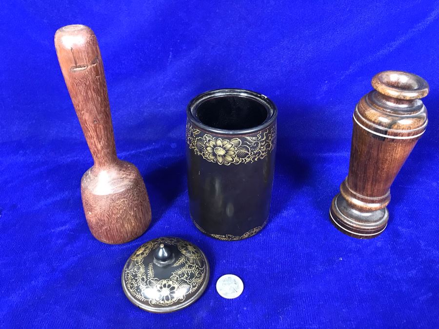 R: Turned Wooden Vase, C: Vintage Japanese Lacquer Box, L: Vintage Wooden Masher [Photo 4]