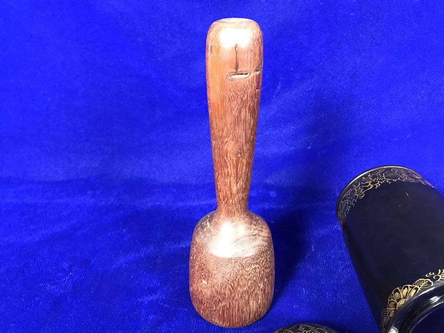 R: Turned Wooden Vase, C: Vintage Japanese Lacquer Box, L: Vintage Wooden Masher [Photo 10]