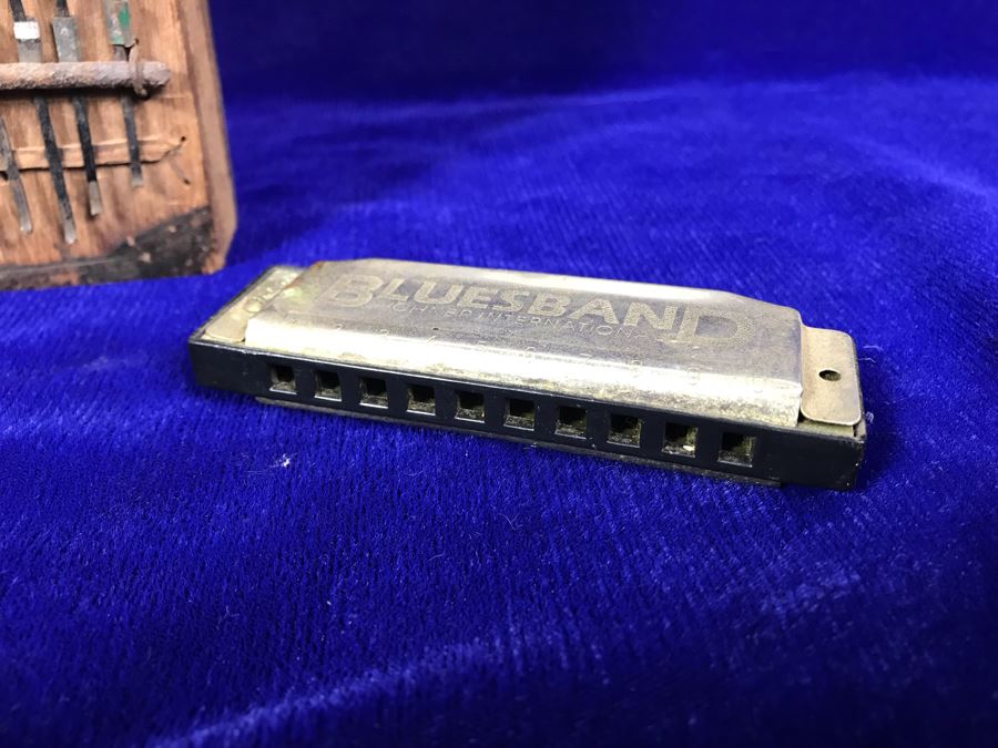 R: Bluesband Hohner Harmonica, C: Vintage African Mbira Musical Instrument, L: Rattle [Photo 6]
