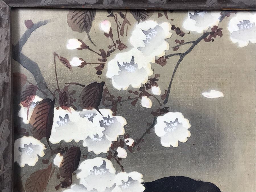 Vintage Original Signed Chinese Painting Featuring Black Crow Raven Bird On Tree Branch 8' X 14' [Photo 10]