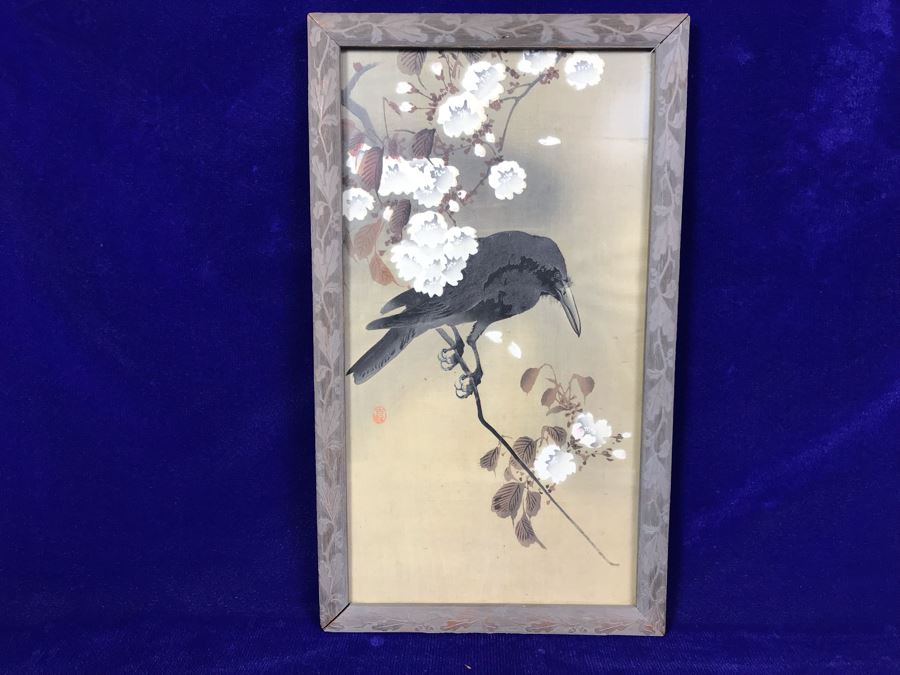 Vintage Original Signed Chinese Painting Featuring Black Crow Raven Bird On Tree Branch 8' X 14' [Photo 1]