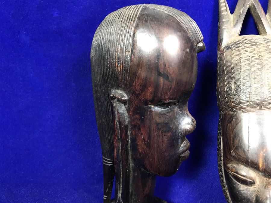 Pair Of Hand Carved Wooden Ethnic Figurines Sculptures - Right Piece Is Wall Sculpture 11'H [Photo 3]