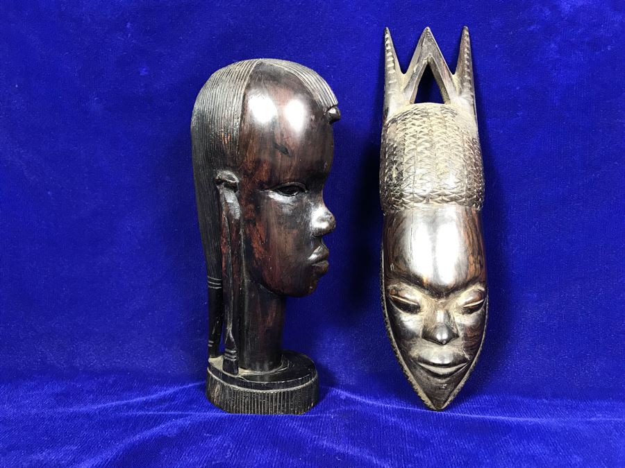 Pair Of Hand Carved Wooden Ethnic Figurines Sculptures - Right Piece Is Wall Sculpture 11'H [Photo 2]