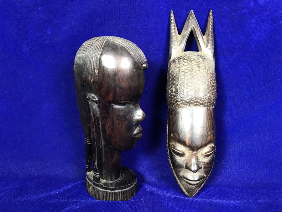 Pair Of Hand Carved Wooden Ethnic Figurines Sculptures - Right Piece Is Wall Sculpture 11'H [Photo 1]
