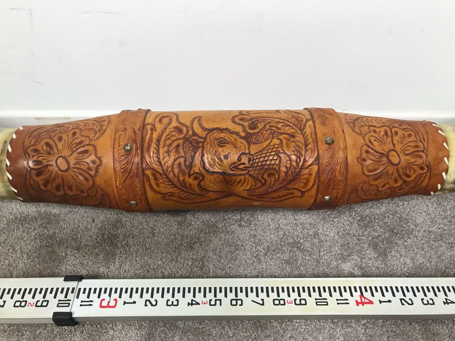Large Mounted Steer Bull Horns With Tooled Leather 5' [Photo 6]
