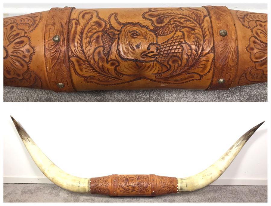 Large Mounted Steer Bull Horns With Tooled Leather 5'