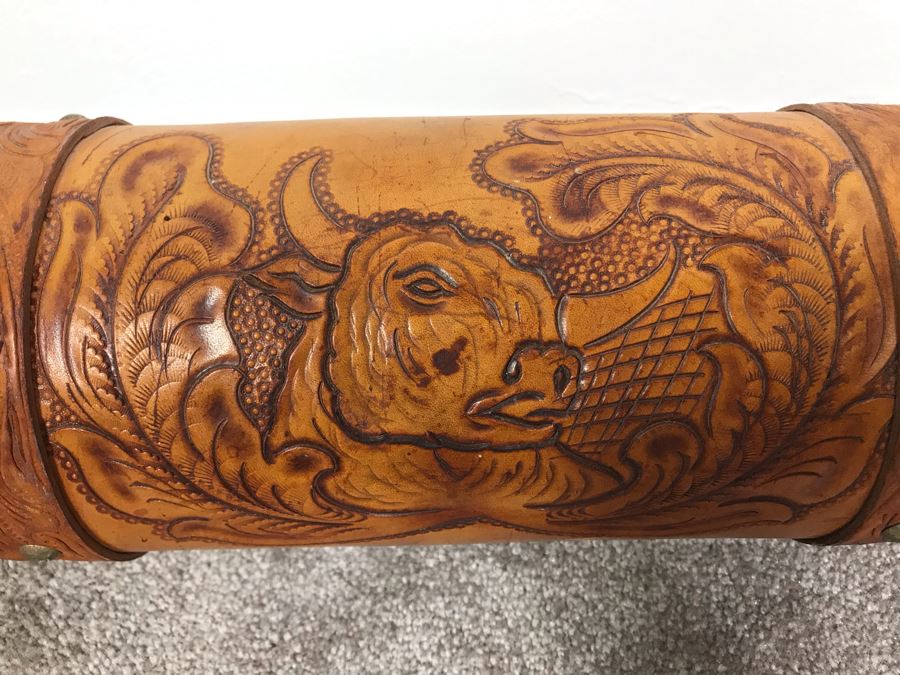 Large Mounted Steer Bull Horns With Tooled Leather 5' [Photo 4]