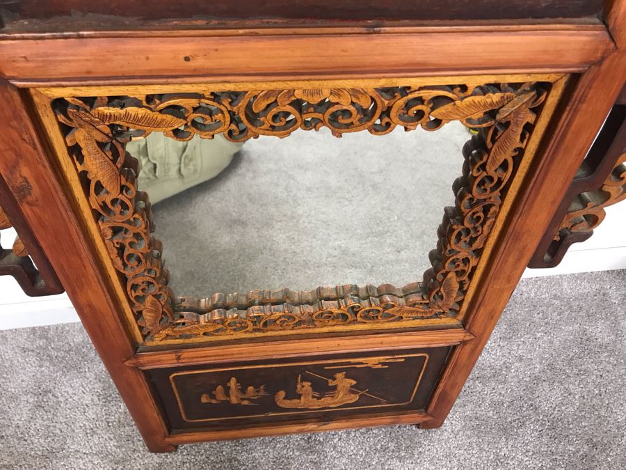 Stunning Antique Chinese Hand Carved Wooden Wall Mirror 22 X 35 See Photos 5704