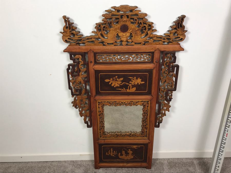 Stunning Antique Chinese Hand Carved Wooden Wall Mirror 22' X 35' - See Photos [Photo 2]