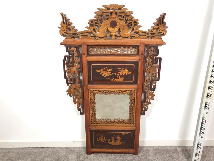 Stunning Antique Chinese Hand Carved Wooden Wall Mirror 22' X 35' - See Photos