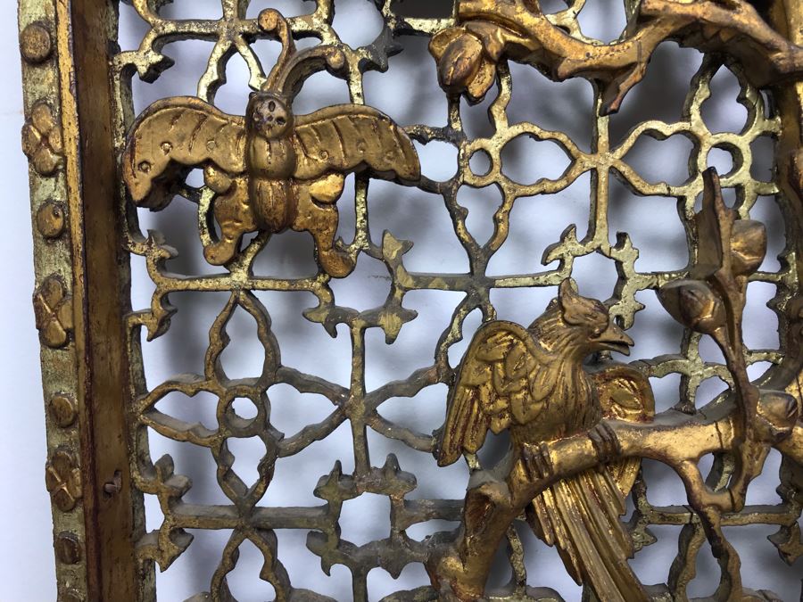 Vintage Chinese Relief Carved Gilt Wooden Door Panel Wall Decor Decorated With Birds, Butterflies And Blossoming Flowers 17' X 34' [Photo 6]