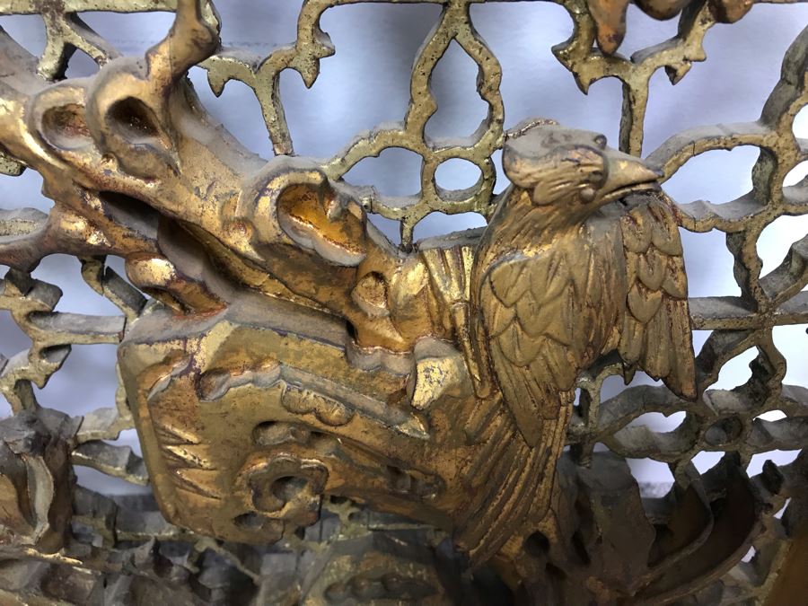 Vintage Chinese Relief Carved Gilt Wooden Door Panel Wall Decor Decorated With Birds, Butterflies And Blossoming Flowers 17' X 34' [Photo 4]