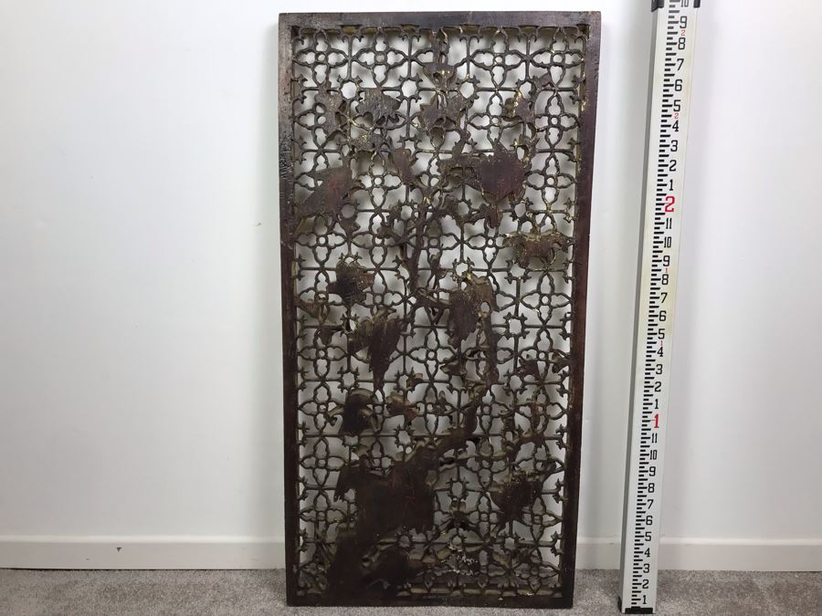 Vintage Chinese Relief Carved Gilt Wooden Door Panel Wall Decor Decorated With Birds, Butterflies And Blossoming Flowers 17' X 34' [Photo 19]