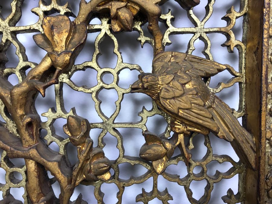 Vintage Chinese Relief Carved Gilt Wooden Door Panel Wall Decor Decorated With Birds, Butterflies And Blossoming Flowers 17' X 34' [Photo 7]