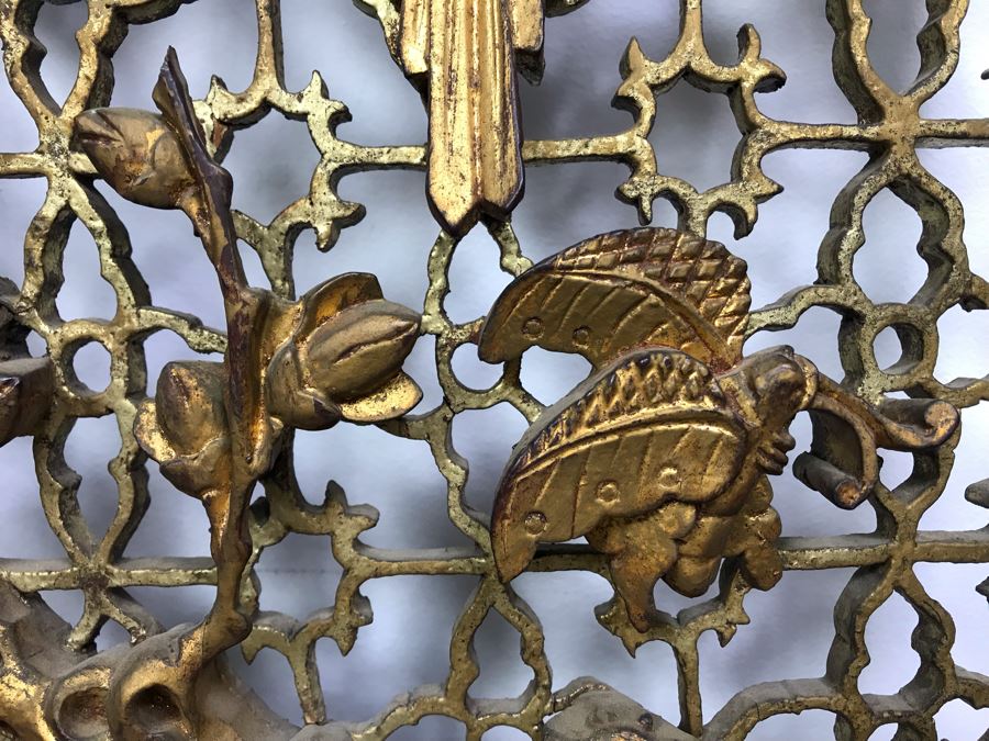Vintage Chinese Relief Carved Gilt Wooden Door Panel Wall Decor Decorated With Birds, Butterflies And Blossoming Flowers 17' X 34' [Photo 5]
