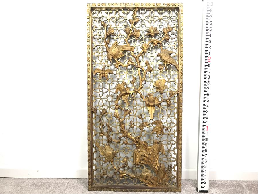 Vintage Chinese Relief Carved Gilt Wooden Door Panel Wall Decor Decorated With Birds, Butterflies And Blossoming Flowers 17' X 34' [Photo 15]