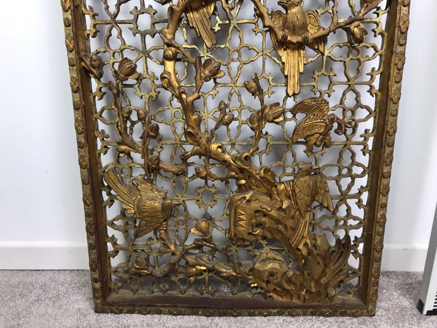 Vintage Chinese Relief Carved Gilt Wooden Door Panel Wall Decor Decorated With Birds, Butterflies And Blossoming Flowers 17' X 34' [Photo 13]