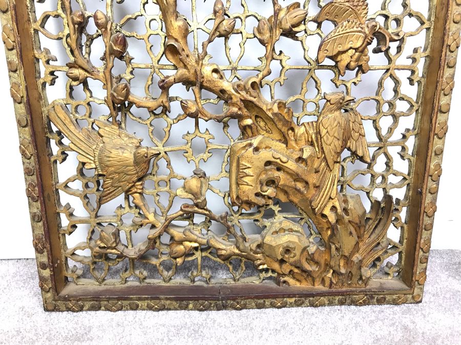 Vintage Chinese Relief Carved Gilt Wooden Door Panel Wall Decor Decorated With Birds, Butterflies And Blossoming Flowers 17' X 34' [Photo 3]