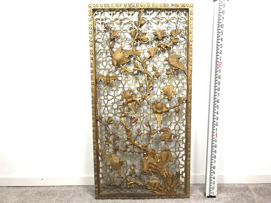Vintage Chinese Relief Carved Gilt Wooden Door Panel Wall Decor Decorated With Birds, Butterflies And Blossoming Flowers 17' X 34' [Photo 1]