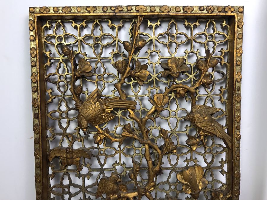 Vintage Chinese Relief Carved Gilt Wooden Door Panel Wall Decor Decorated With Birds, Butterflies And Blossoming Flowers 17' X 34' [Photo 12]