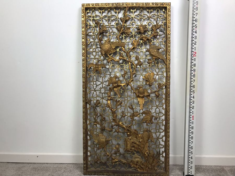 Vintage Chinese Relief Carved Gilt Wooden Door Panel Wall Decor Decorated With Birds, Butterflies And Blossoming Flowers 17' X 34' [Photo 14]