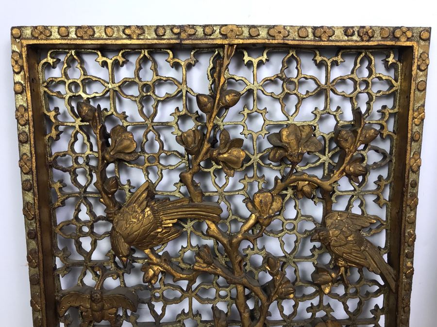 Vintage Chinese Relief Carved Gilt Wooden Door Panel Wall Decor Decorated With Birds, Butterflies And Blossoming Flowers 17' X 34' [Photo 9]