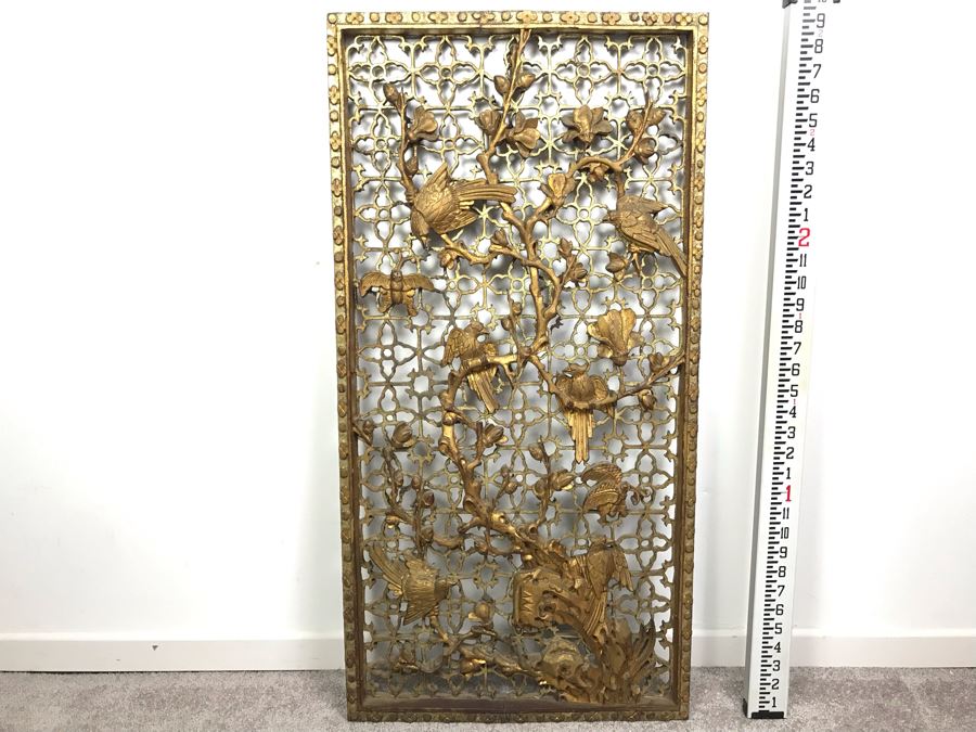 Vintage Chinese Relief Carved Gilt Wooden Door Panel Wall Decor Decorated With Birds, Butterflies And Blossoming Flowers 17' X 34' [Photo 2]
