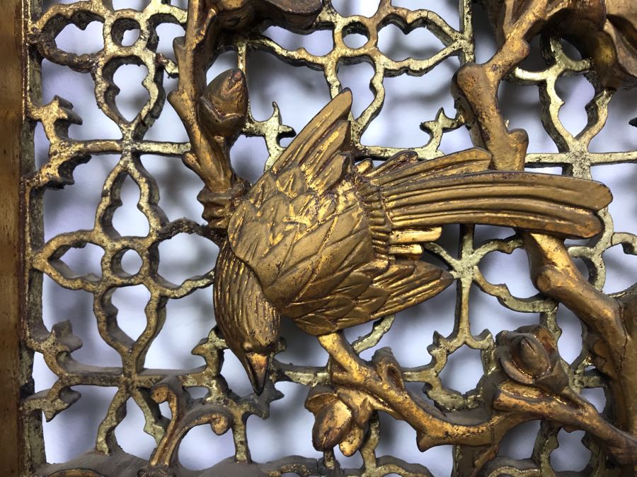 Vintage Chinese Relief Carved Gilt Wooden Door Panel Wall Decor Decorated With Birds, Butterflies And Blossoming Flowers 17' X 34' [Photo 8]
