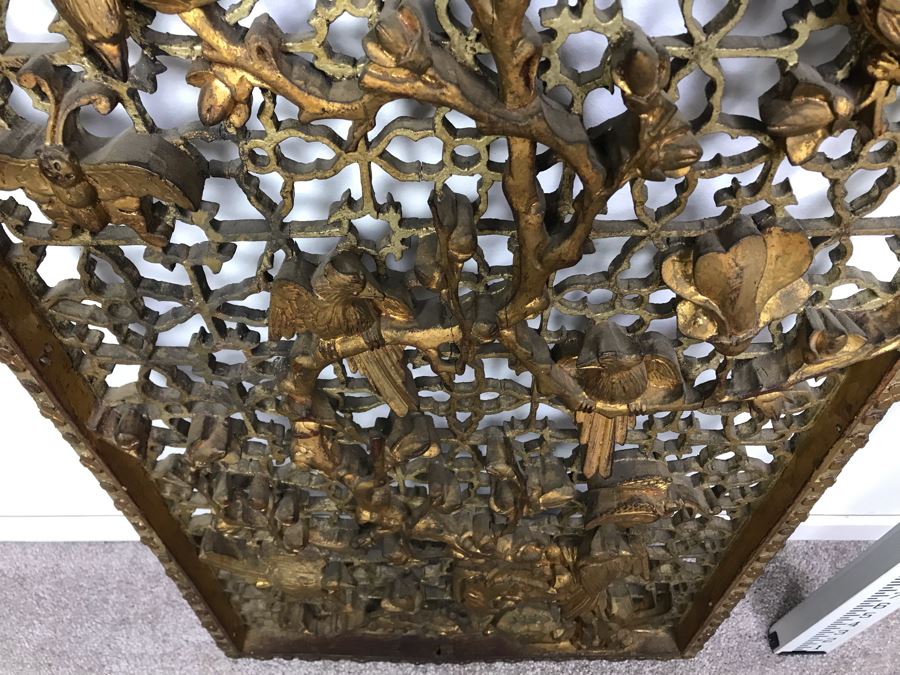 Vintage Chinese Relief Carved Gilt Wooden Door Panel Wall Decor Decorated With Birds, Butterflies And Blossoming Flowers 17' X 34' [Photo 11]
