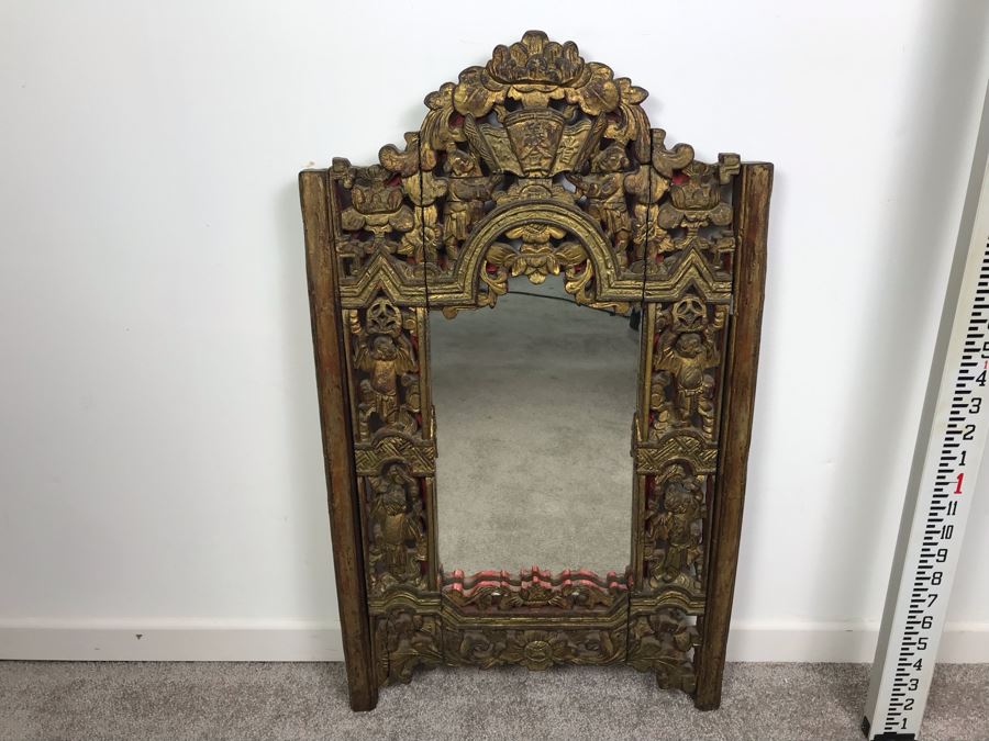 Stunning Antique Chinese Hand Carved Gilt Wooden Wall Mirror 16' X 27' [Photo 3]