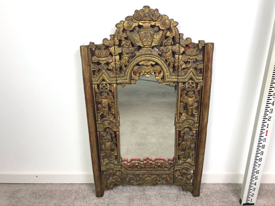 Stunning Antique Chinese Hand Carved Gilt Wooden Wall Mirror 16' X 27' [Photo 2]