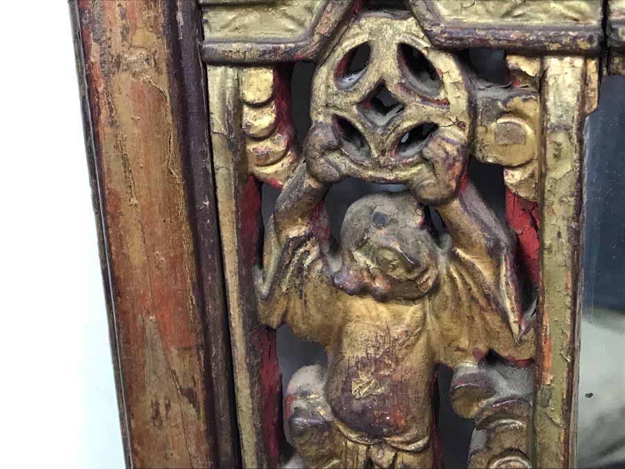 Stunning Antique Chinese Hand Carved Gilt Wooden Wall Mirror 16' X 27' [Photo 11]