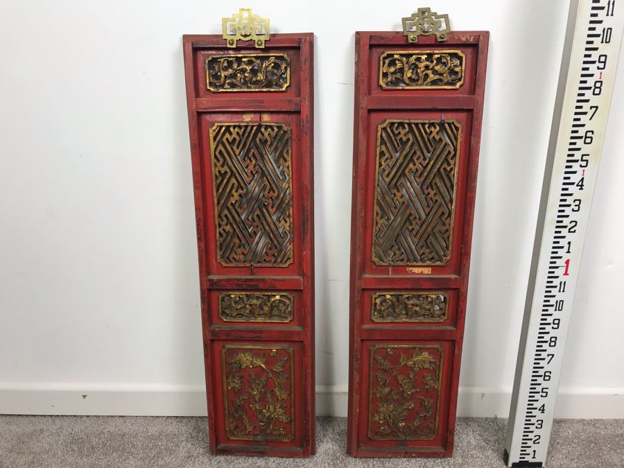 Pair Of Vintage Chinese Hand Carved Gilt Wooden Wall Hangings Ea. 6' X 23' [Photo 2]