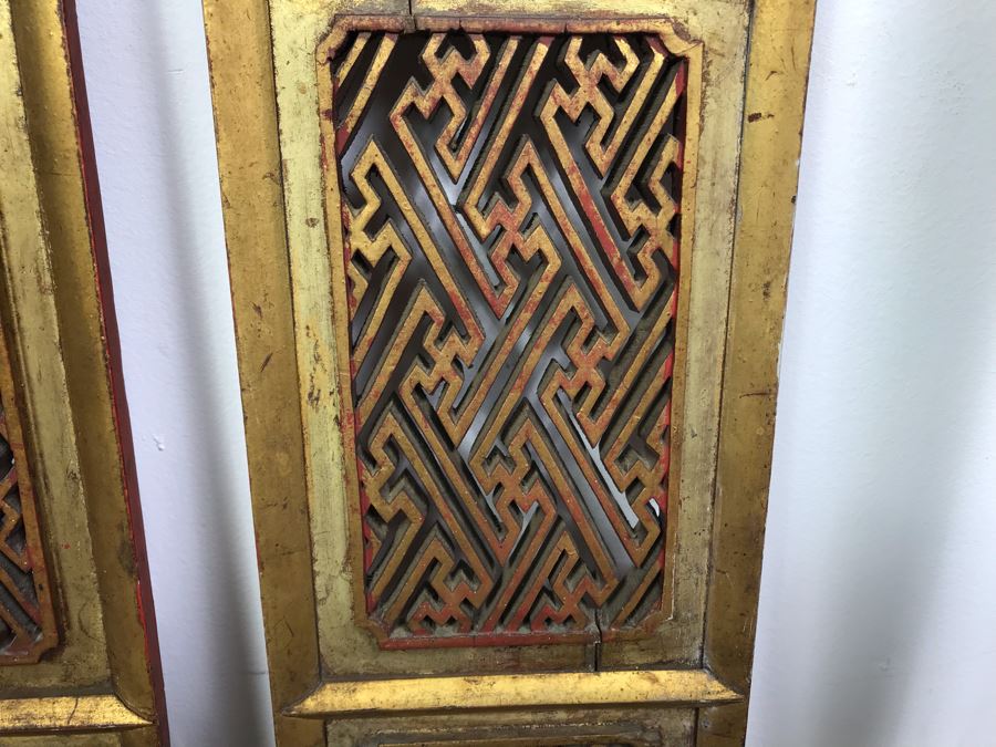 Pair Of Vintage Chinese Hand Carved Gilt Wooden Wall Hangings Ea. 6' X 23'