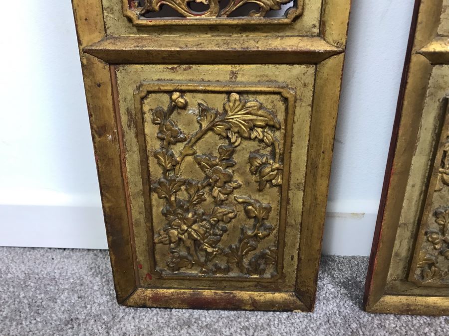 Pair Of Vintage Chinese Hand Carved Gilt Wooden Wall Hangings Ea. 6' X 23' [Photo 9]