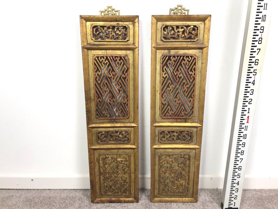 Pair Of Vintage Chinese Hand Carved Gilt Wooden Wall Hangings Ea. 6' X 23'